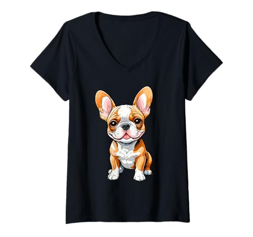 Damen Happy Puppy Illustration - Big Eyes & Cartoon Vibes T-Shirt mit V-Ausschnitt Damen Happy Puppy Illustration - Big Eyes & Cartoon Vibes T-Shirt mit V-Ausschnitt von Pawssion Works