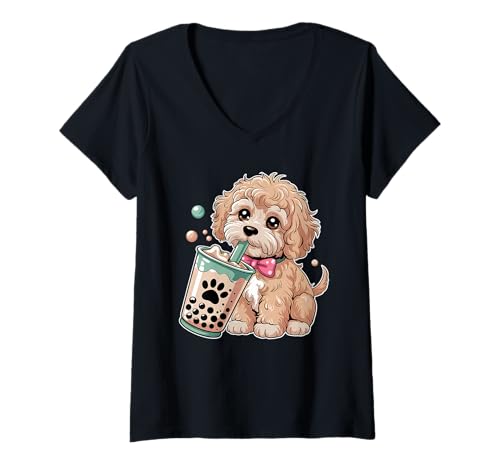 Damen Niedlicher Cockapoo-Welpe Love Bubble Tea Kawaii T-Shirt mit V-Ausschnitt Damen Niedlicher Cockapoo-Welpe Love Bubble Tea Kawaii T-Shirt mit V-Ausschnitt von Pawtastic Apparel for Dog Lovers and Bubble Tea