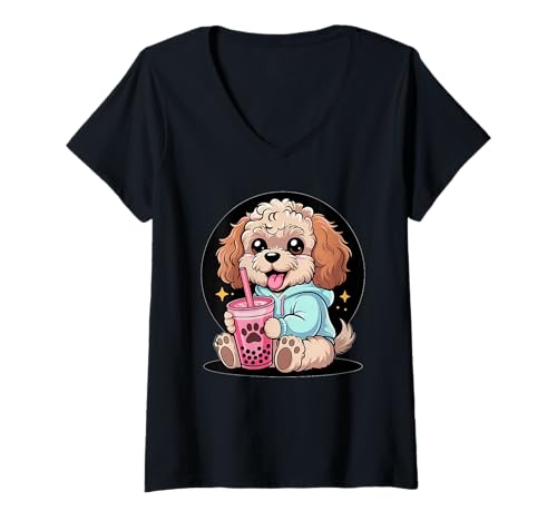 Damen Süßer Cockapoo mit Bubble Tea im Kawaii-Stil T-Shirt mit V-Ausschnitt Damen Süßer Cockapoo mit Bubble Tea im Kawaii-Stil T-Shirt mit V-Ausschnitt von Pawtastic Apparel for Dog Lovers and Bubble Tea