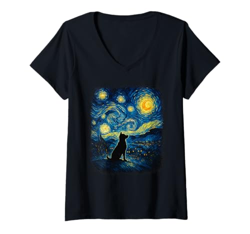 Damen Sternennacht Van Gogh Kunstwerk für Hundeliebhaber T-Shirt mit V-Ausschnitt Damen Sternennacht Van Gogh Kunstwerk für Hundeliebhaber T-Shirt mit V-Ausschnitt von Pawtastic Van Gogh Inspired Apparel for Dog Moms