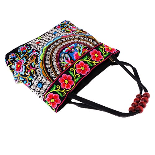 Vintage Stickerei Boho Handtasche Bohemian Blume Bestickt Tote Bag Schultertasche Reise Geldbörse mit Holzperlen 31.0 cmx50.8 cmx2.0 cm, #6, small von PawwJoy