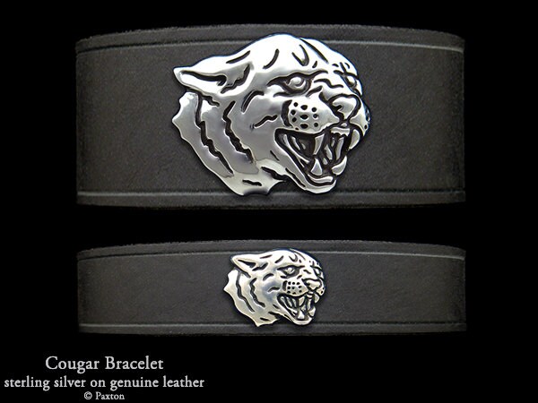 Cougar Lederarmband Sterling Silber Puma Kopf An von PaxtonJewelry