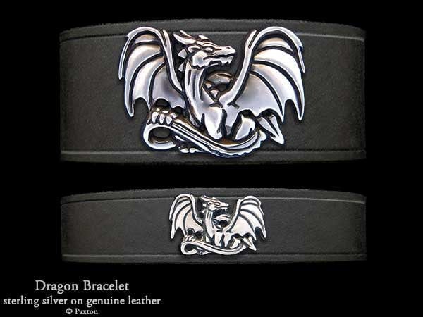 Drachen-Lederarmband Sterling Silber Drache Auf Lederarmband von PaxtonJewelry