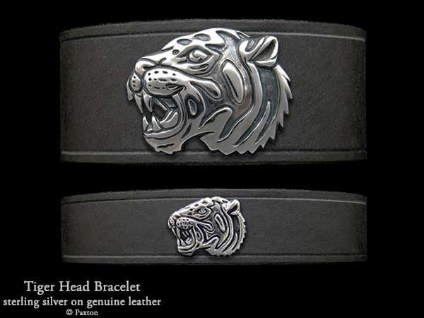 Tigerkopf-Lederarmband Sterling Silber Tigerkopf Auf Lederarmband von PaxtonJewelry