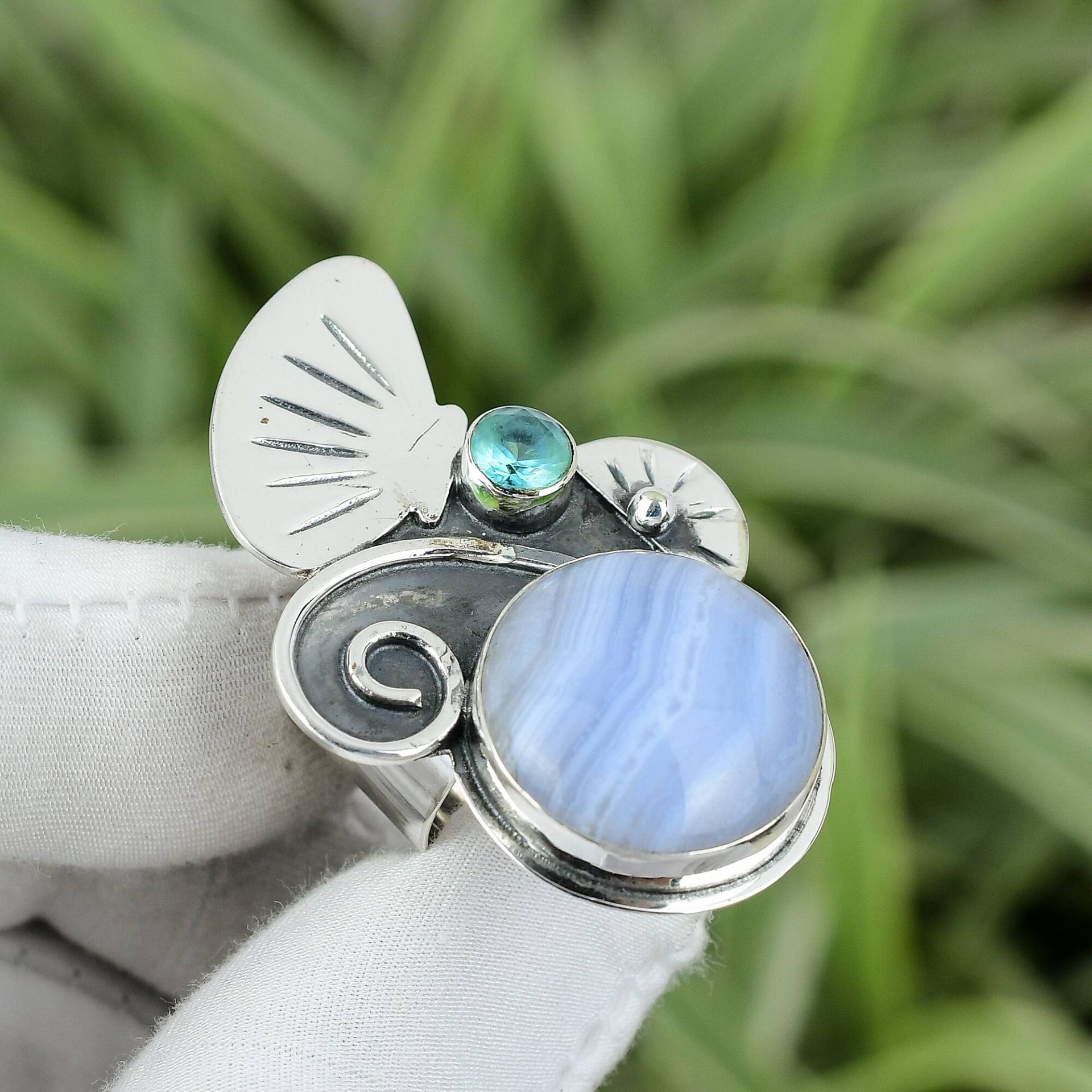 Blauer Achat Ring Schweizer Blautopas 925 Sterling Silber Gr. 6.5 Edelstein Zierlicher Handgefertigter Schmuck Frauen Besonderes Geschenk von PayalCreations