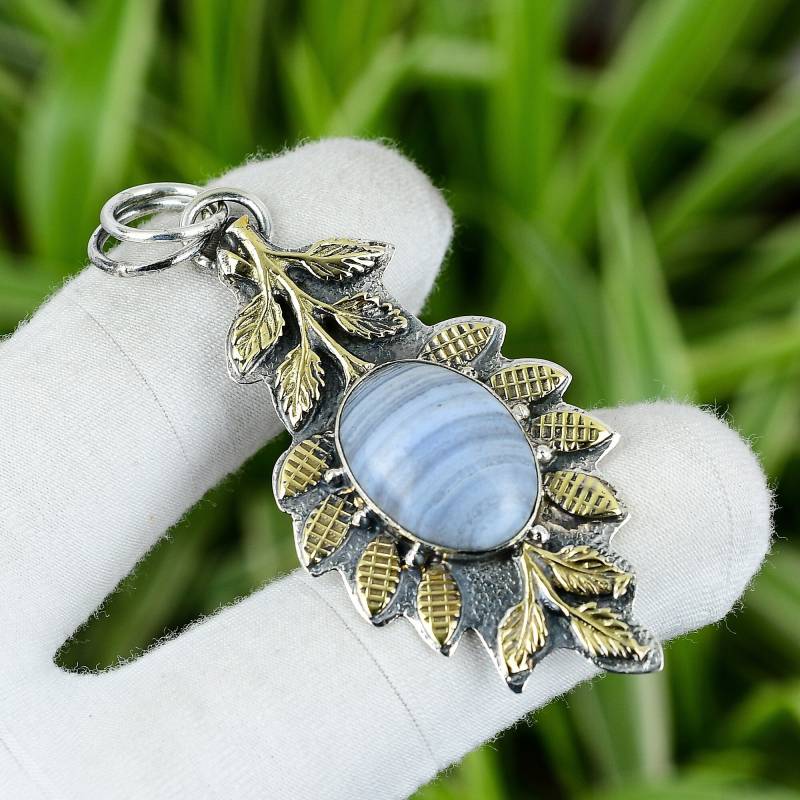 Blauer Spitze Achat Anhänger 925 Sterling Silber 18K Vergoldet Echter Edelstein Handgemachter Silberschmuck Geschenk Für Mama Heilstein von PayalCreations