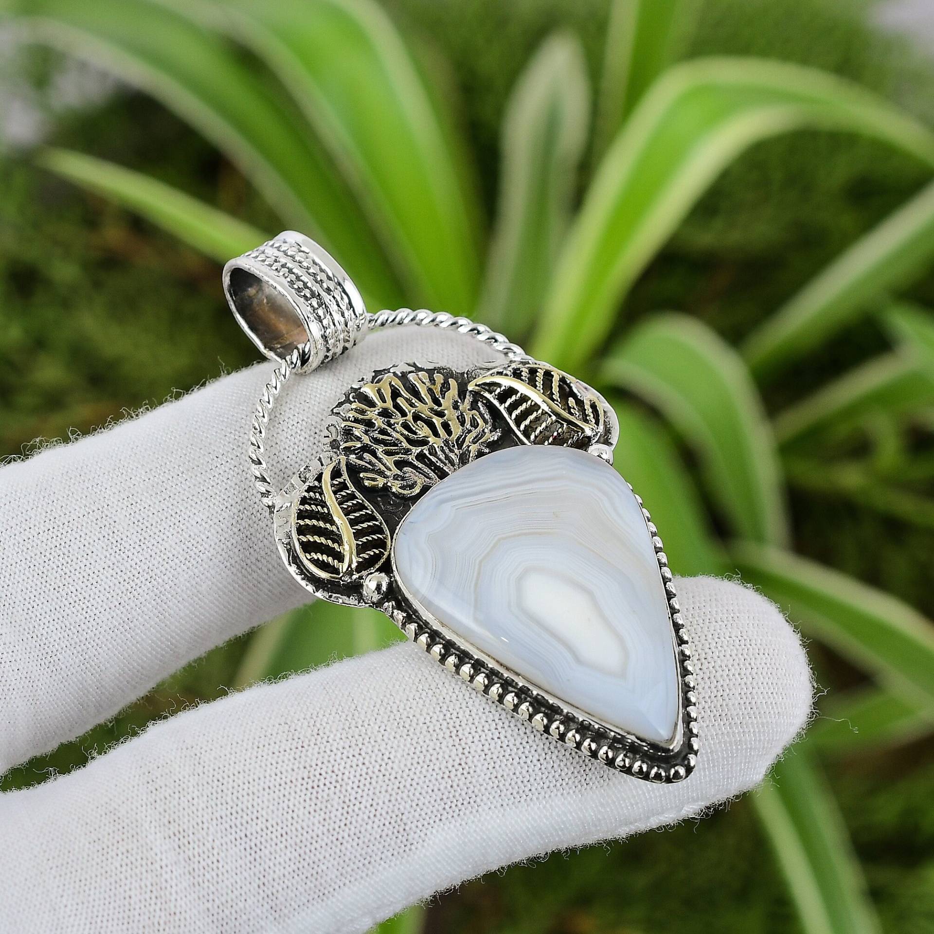 Botswana Achat Anhänger 925 Sterling Silber 18K Vergoldet Echter Edelstein Für Mädchen Handgemacht Verlobung Geschenk von PayalCreations