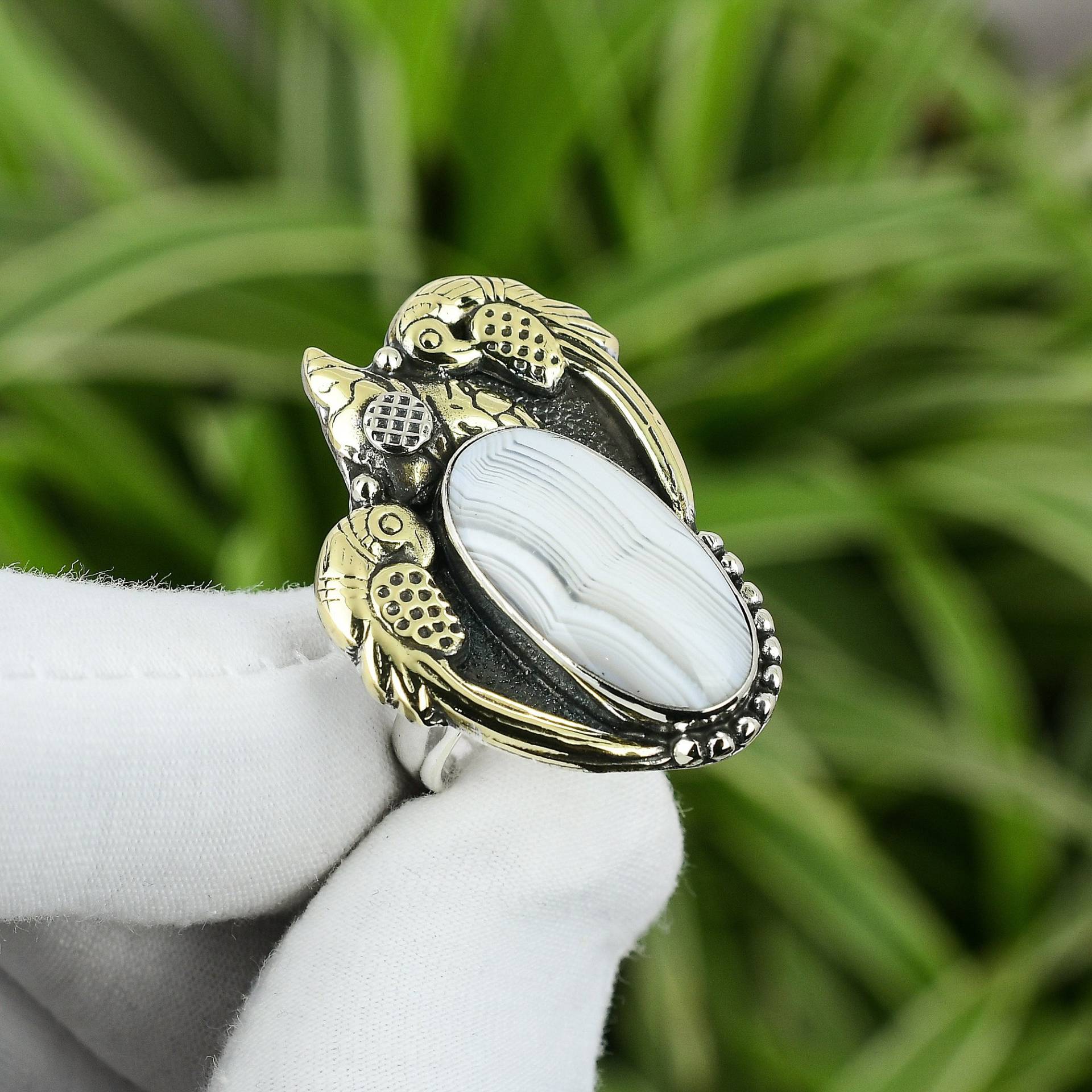 Botswana Achat Ring 925 Sterling Silber Verstellbarer 18K Vergoldet Handgefertigt Frauen Schmuck Wunderschöner Edelstein Papagei von PayalCreations