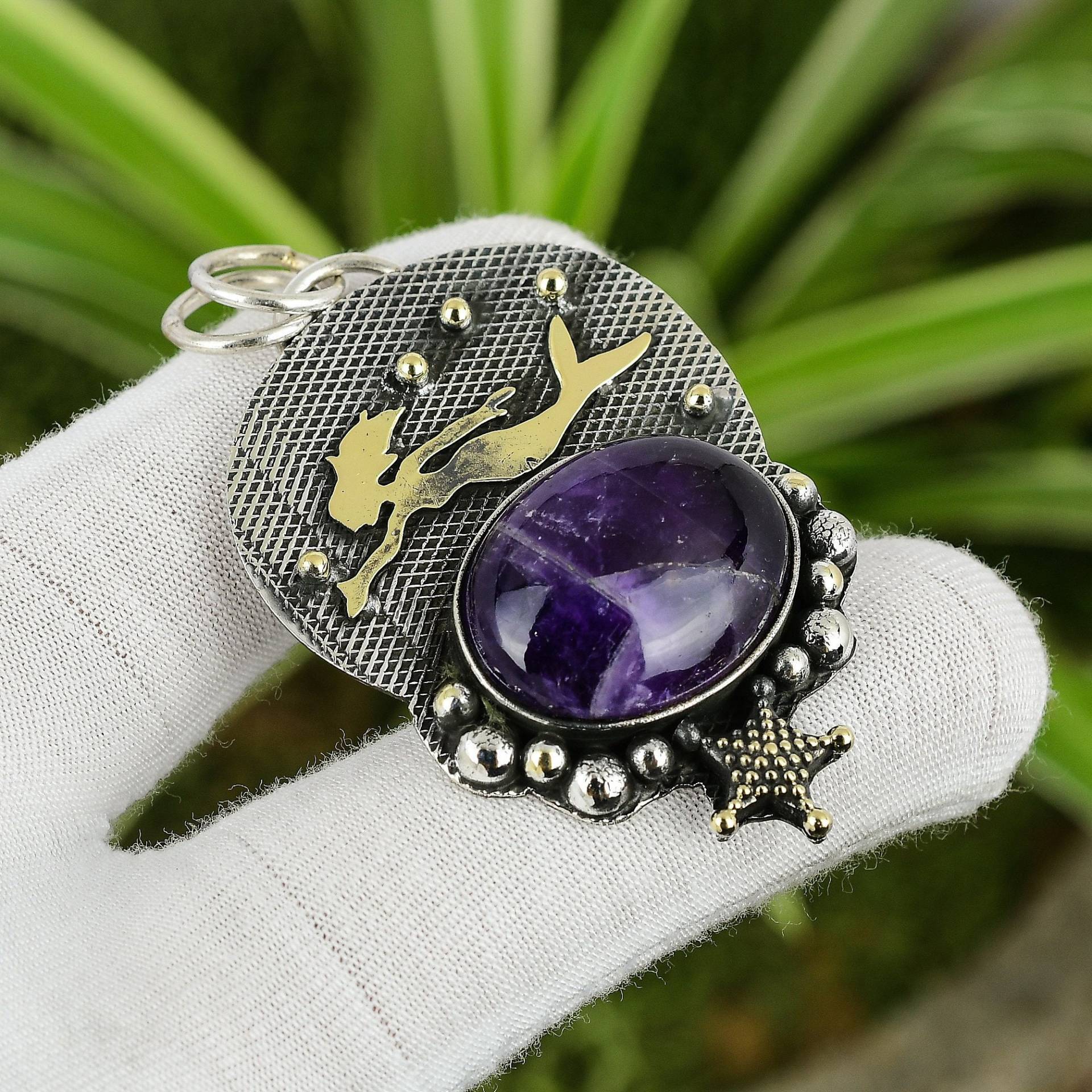 Chevron Amethyst Anhänger 925 Sterling Silber 18K Vergoldet Edelstein Handgemacht Meerjungfrau Valentinstag Geschenk von PayalCreations