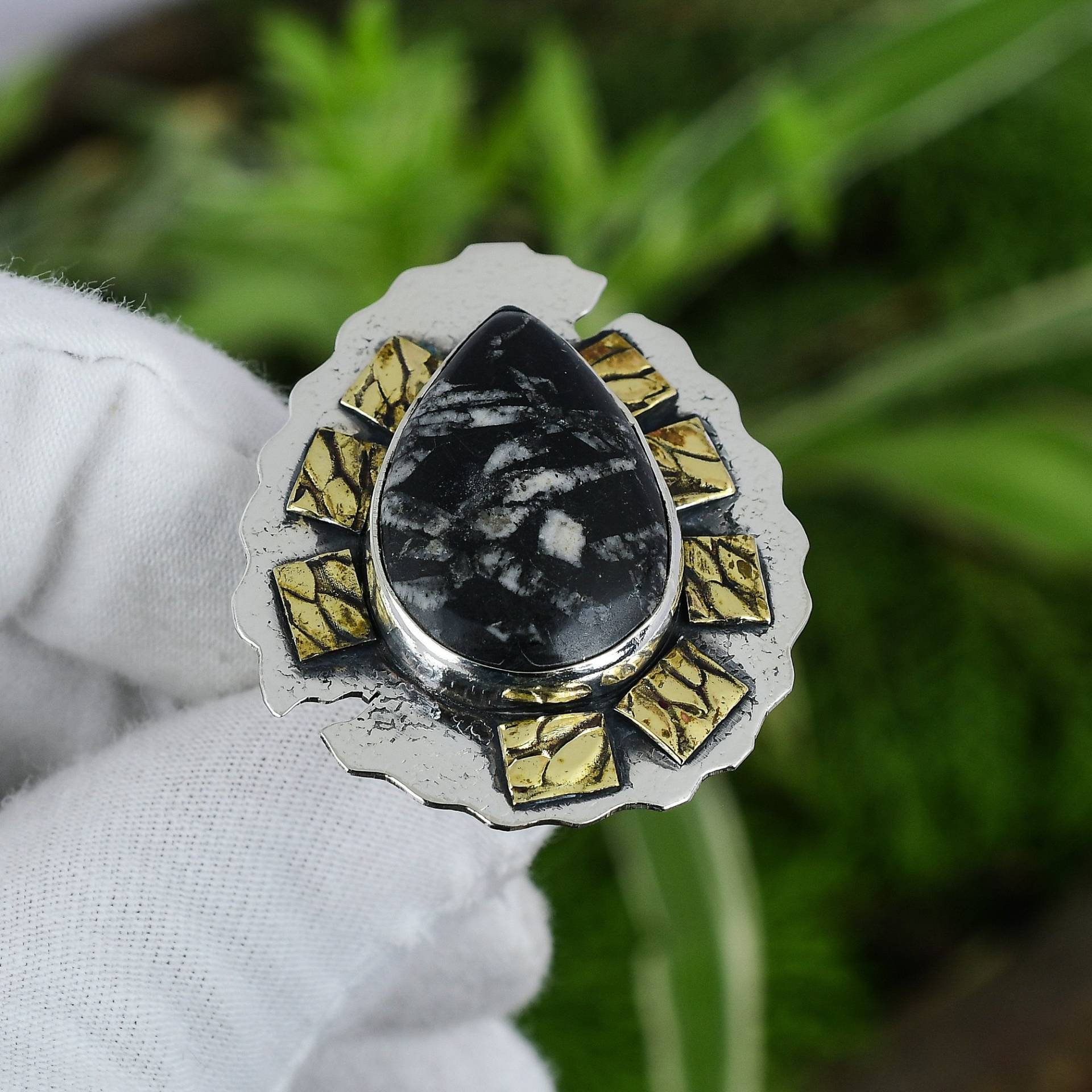 Chrysanthemen Ring 925 Sterling Silber Verstellbarer 18K Vergoldet Natürlicher Edelstein Handgefertigt Boho Verlobungsgeschenk von PayalCreations