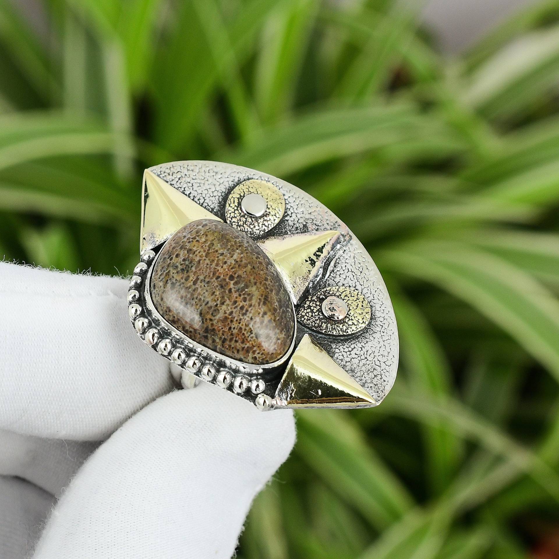 Dinosaurier Knochen Ring 925 Sterling Silber Verstellbarer 18K Vergoldet Natürlicher Edelstein Handarbeit Schmuck Jahrestag Geschenk von PayalCreations