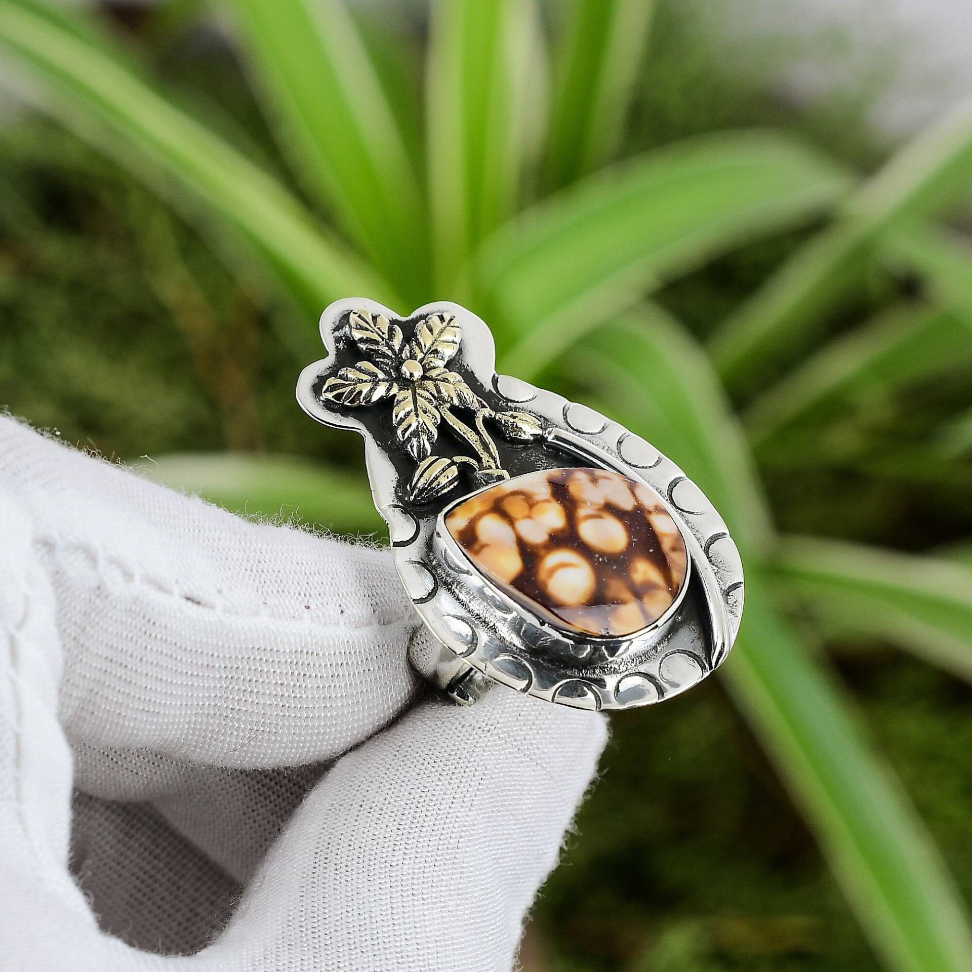 Erdnuss Holz Jaspis Ring 925 Sterling Silber Verstellbarer 18K Vergoldet Echter Edelstein Schöner Handgefertigter Blumen von PayalCreations