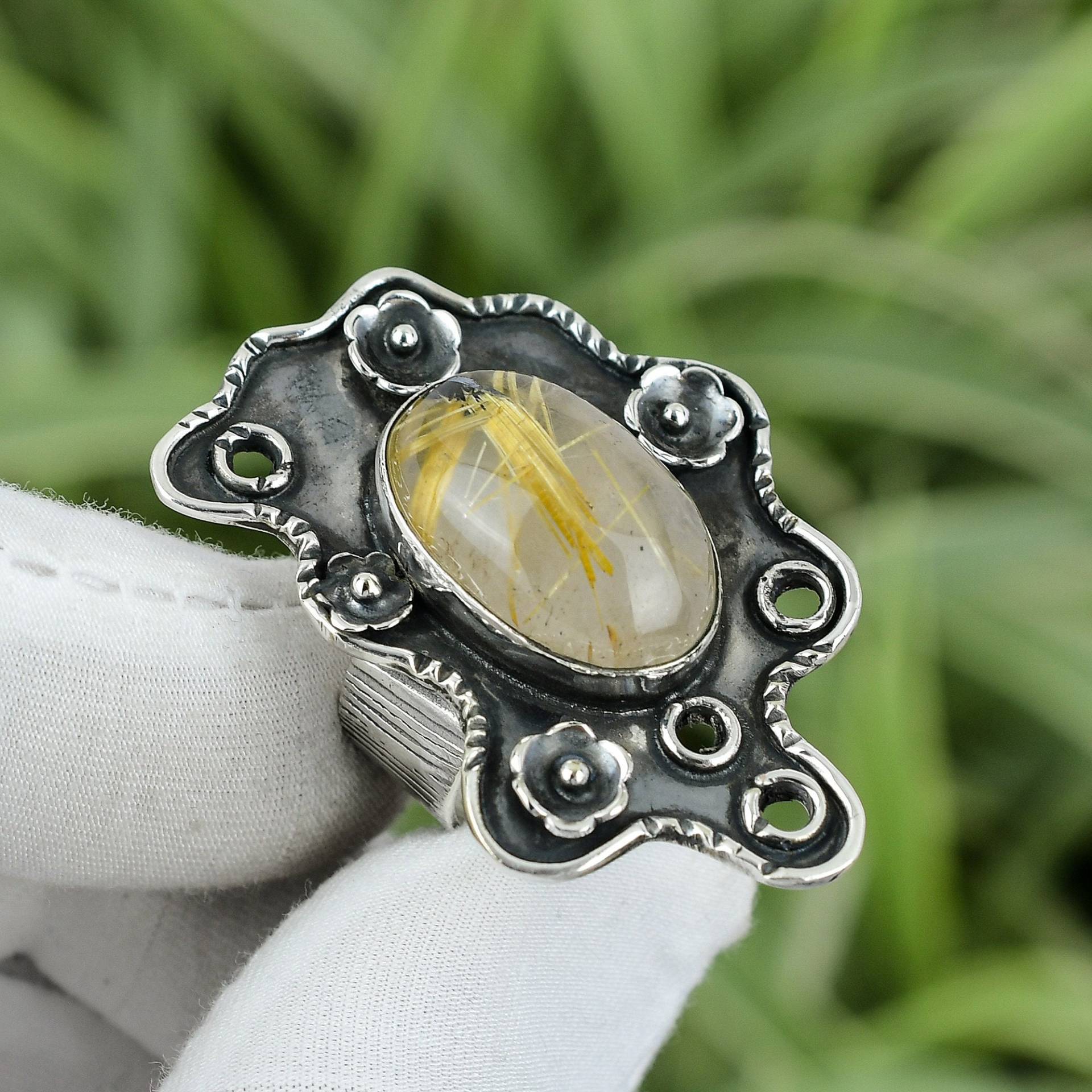 Goldener Rutil Ring 925 Sterling Silber Größe 7, 5 Unikat Handgefertigter Schmuck Frauen Brautjungfer Geschenk Schöner Edelstein von PayalCreations