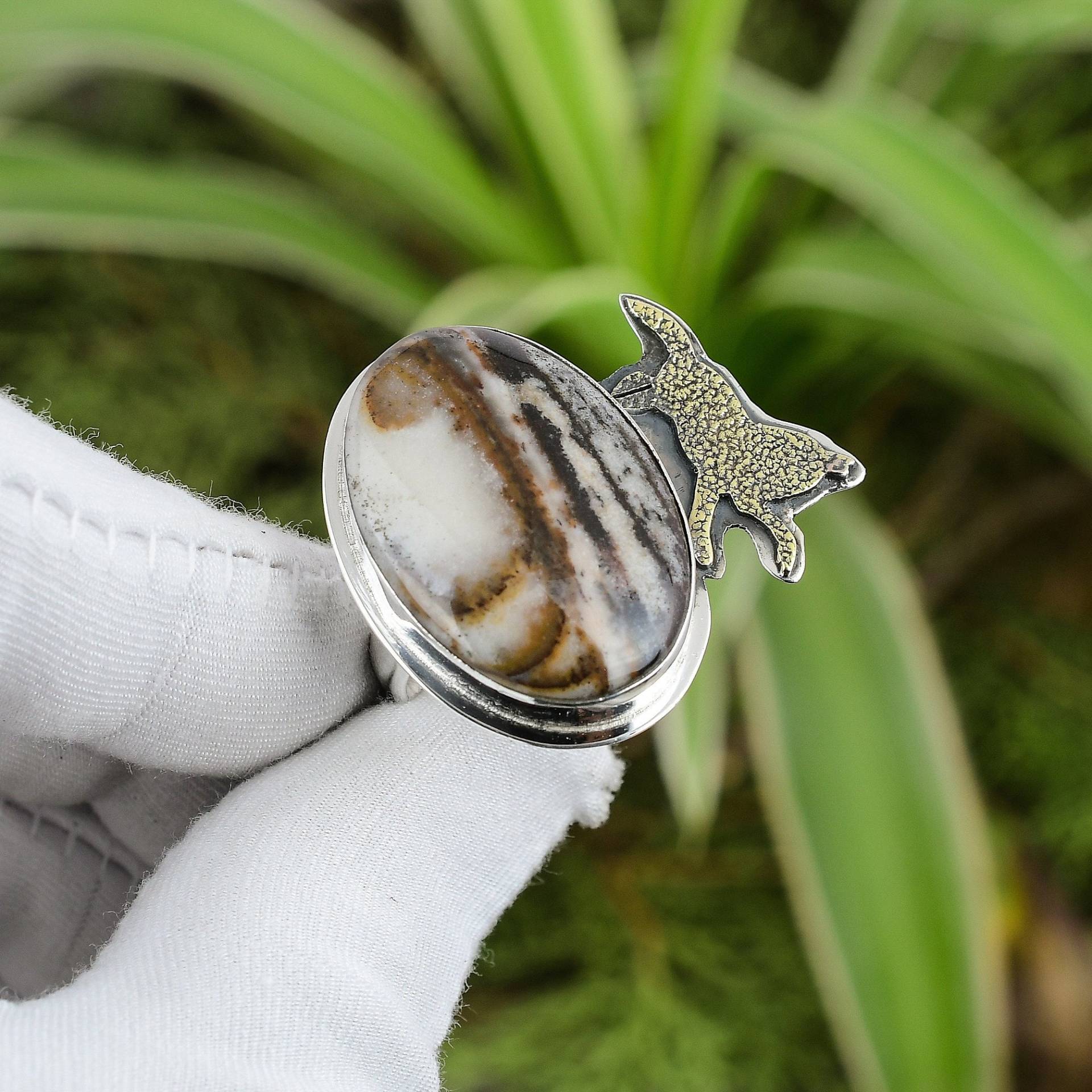 Kokosnuss Jaspis Ring 925 Sterling Silber Verstellbarer 18K Vergoldet Echter Edelstein Handgefertigt Geschenk Für Mama von PayalCreations