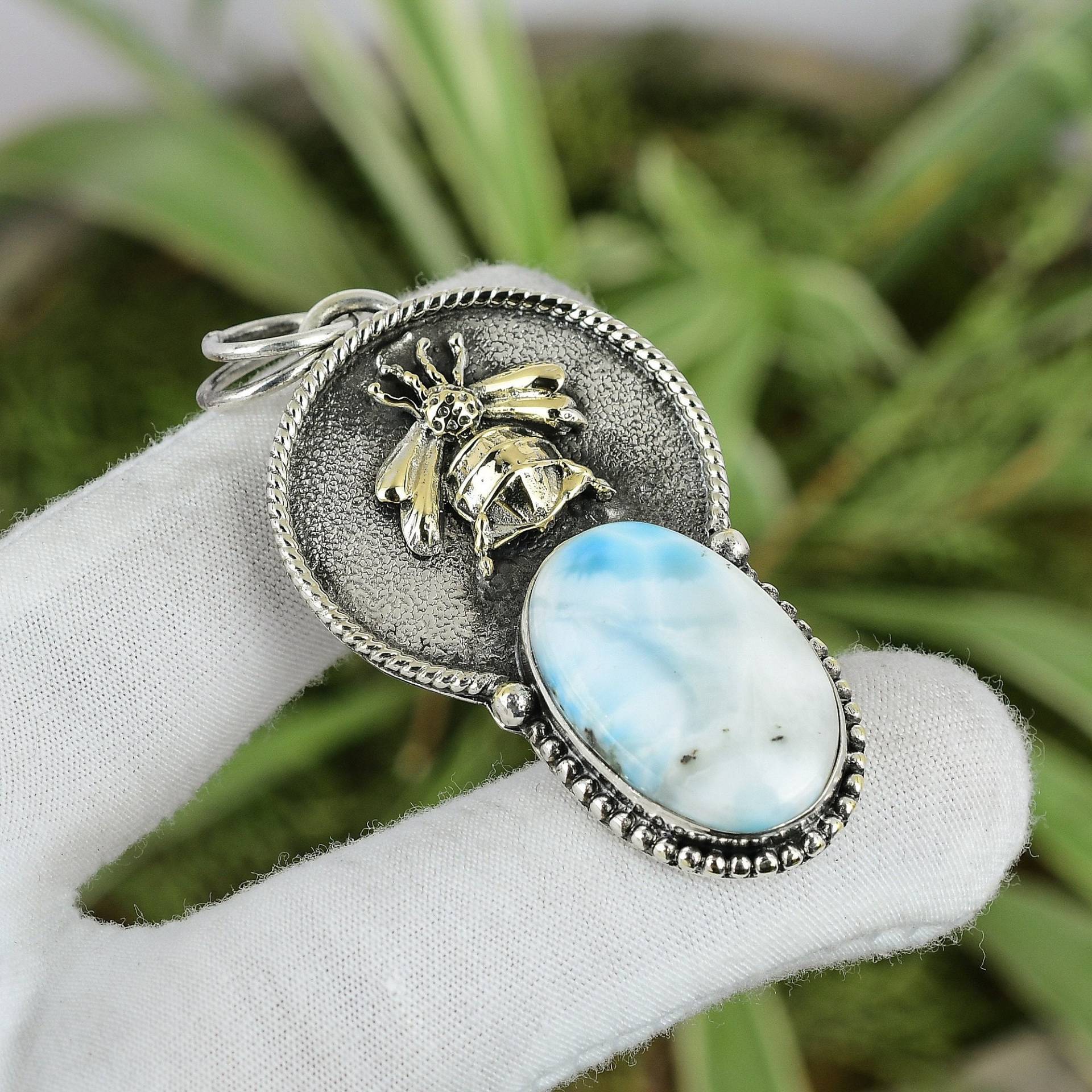 Larimar Anhänger 925 Sterling Silber 18K Vergoldet Echter Edelstein Handarbeit Boho Schmuck Geschenk Für Mama Spinne von PayalCreations