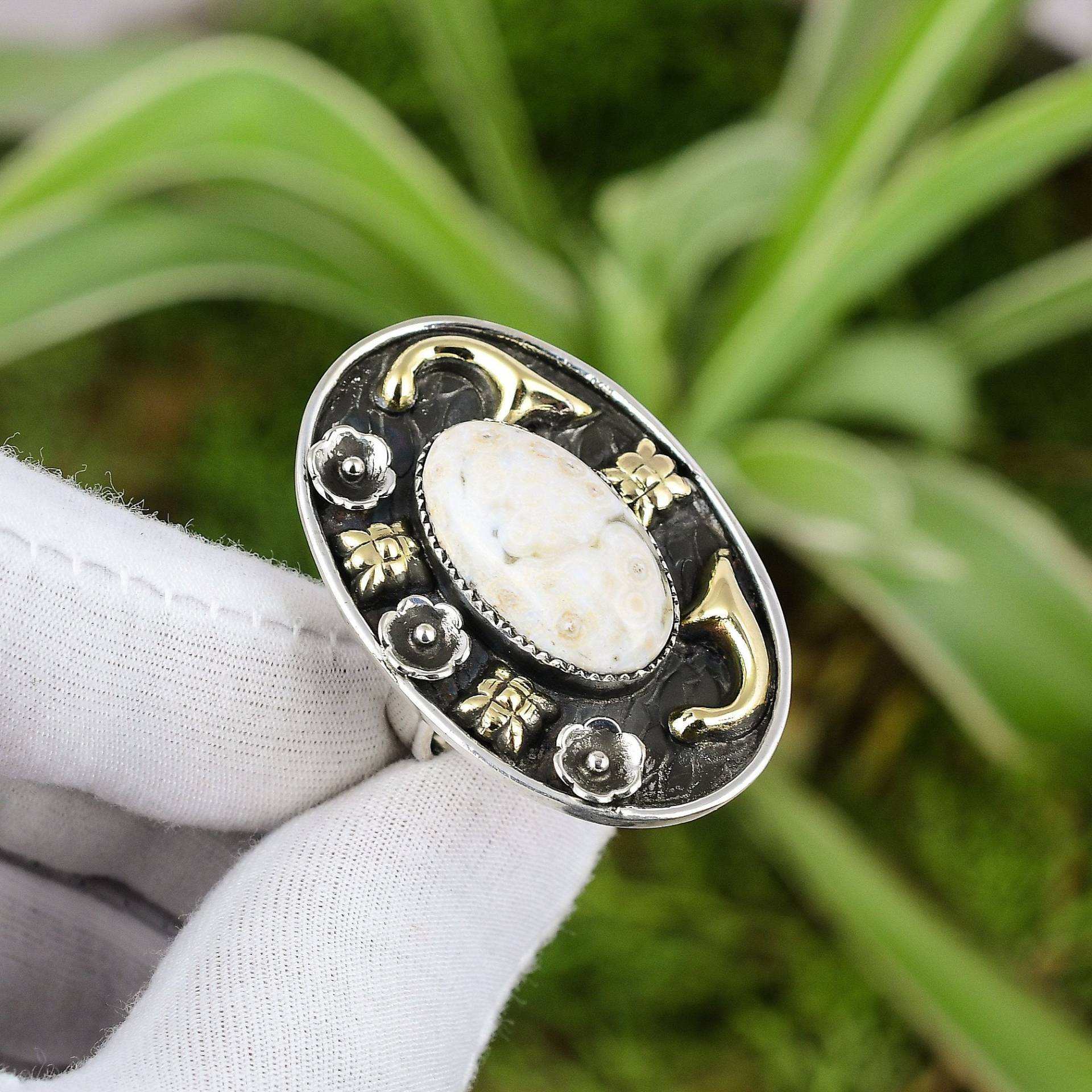 Ozean Jaspis Ring 925 Sterling Silber Verstellbarer 18K Vergoldet Natürlicher Edelstein Handgefertigt Frauen Verlobung Geschenk von PayalCreations