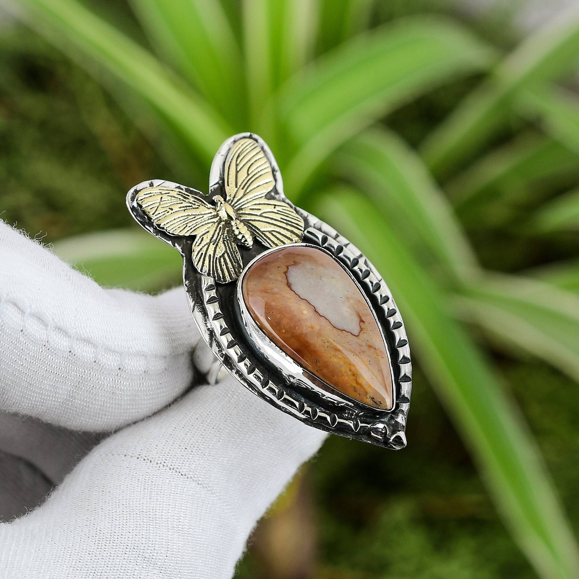 Polychromer Jaspis Ring 925 Sterling Silber Verstellbarer 18K Vergoldet Schmetterling Handgemacht Edelstein Schmuck Geschenk Für Mama von PayalCreations