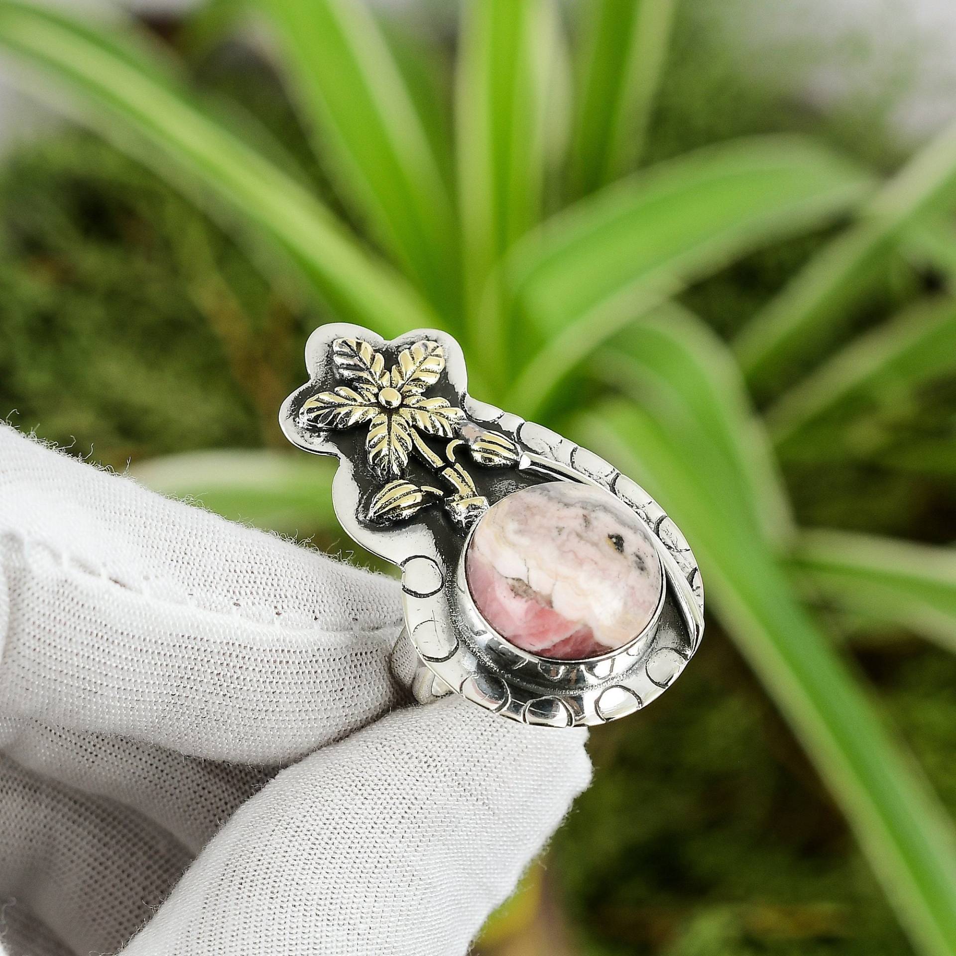 Rhodochrosit Ring 925 Sterling Silber Verstellbar 18K Vergoldet Natur Edelstein Blumen Handgemacht Frauen Schmuck von PayalCreations