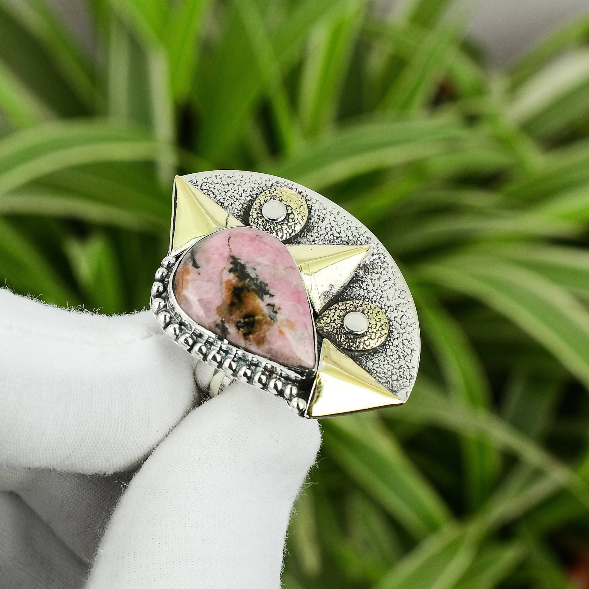 Rhodonit Ring 925 Sterling Silber Verstellbarer 18K Vergoldet Handgefertigter Schmuck Edelstein Brandneuer Hochzeit Geschenk Für Sie von PayalCreations