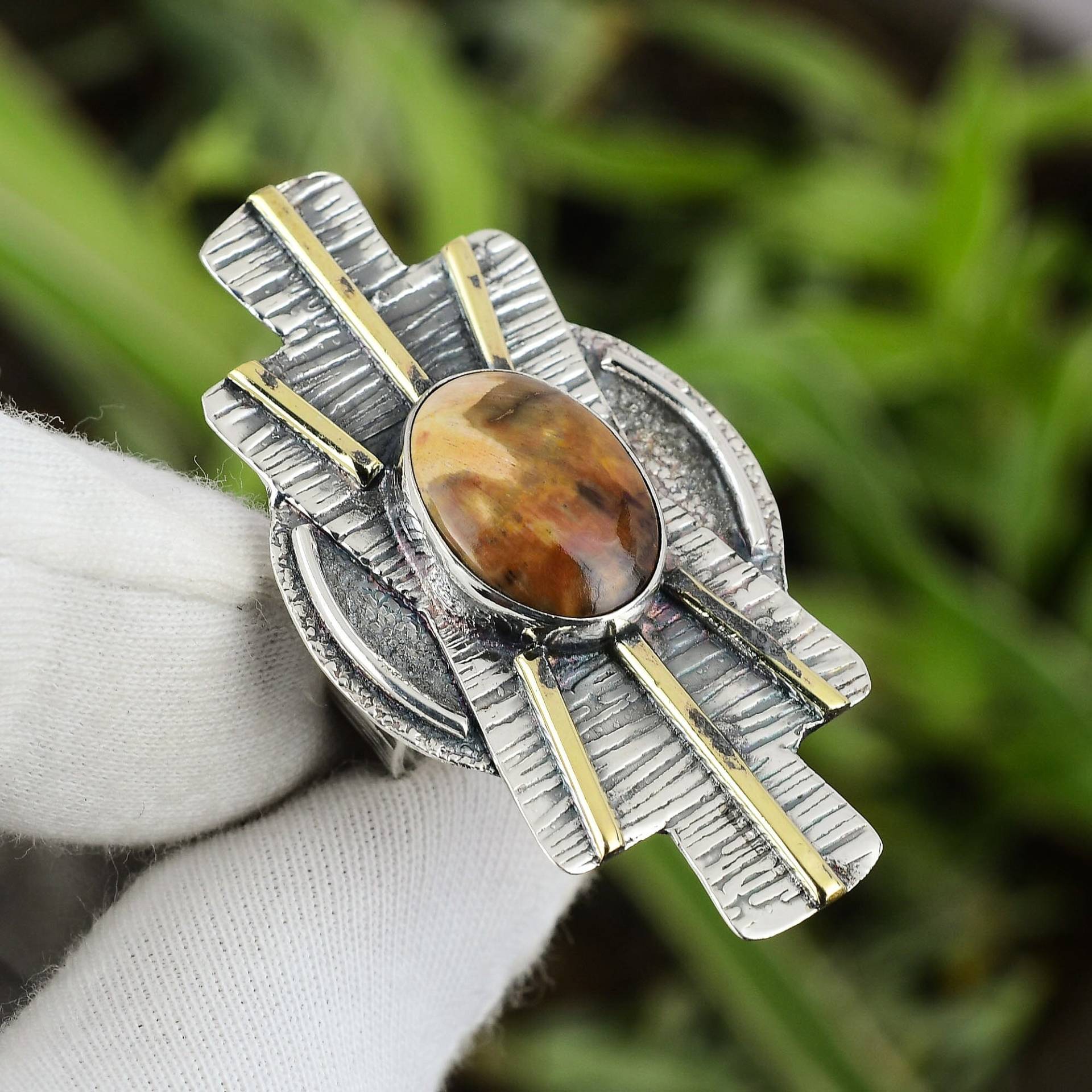 Rhyolith Ring 925 Sterling Silber Größe 7.75 18K Vergoldet Echter Edelstein Handgefertigt Statement Weihnachten Geschenk von PayalCreations