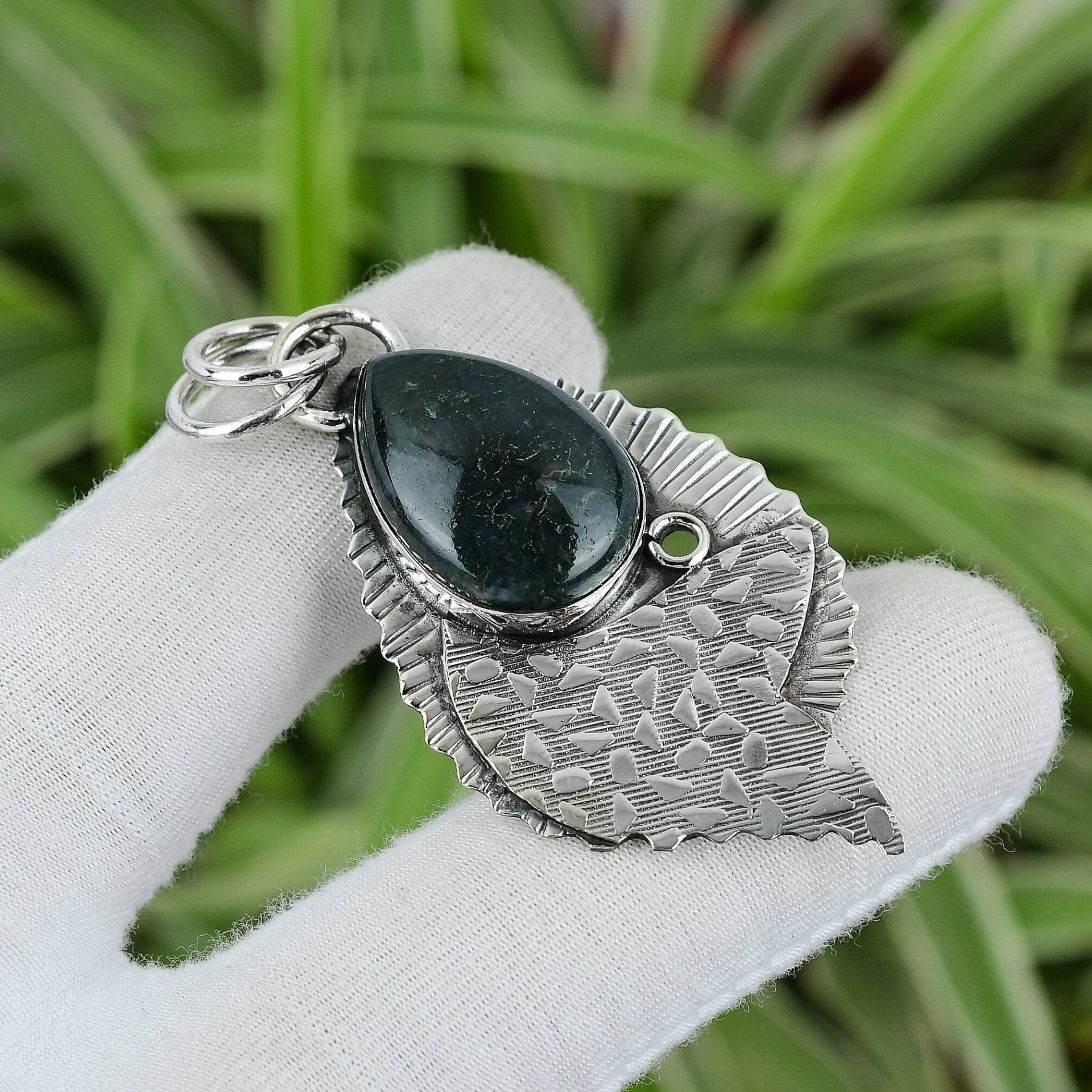 Solar Moosachat Anhänger 925 Sterling Silber Echter Edelstein Handarbeit Unikat Schmuck Frauen Besonderes Geschenk von PayalCreations