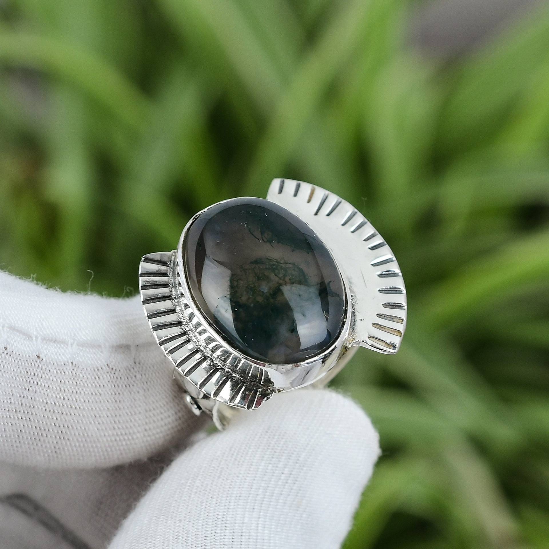 Solar Moosachat Ring 925 Sterling Silber Größe 8, 5 Wunderschöner Geburtsstein Handgefertigter Schmuck Brautjungfer Geschenk Zierlicher Edelstein von PayalCreations