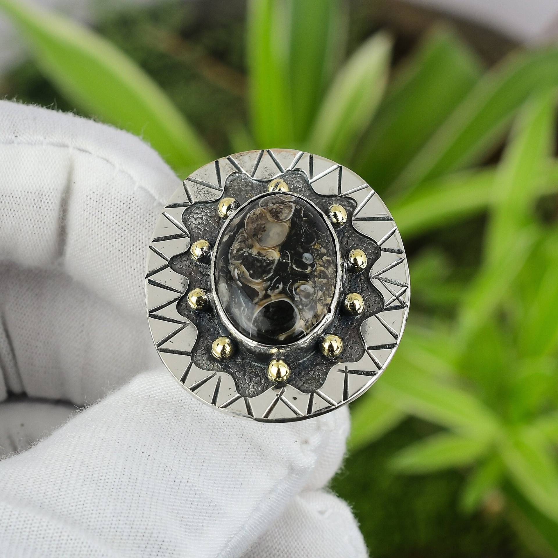 Turritella Achat Ring 925 Sterling Silber Größe 7.5 18K Vergoldet Handgemacht Antik Schmuck Für Frauen Edelstein von PayalCreations