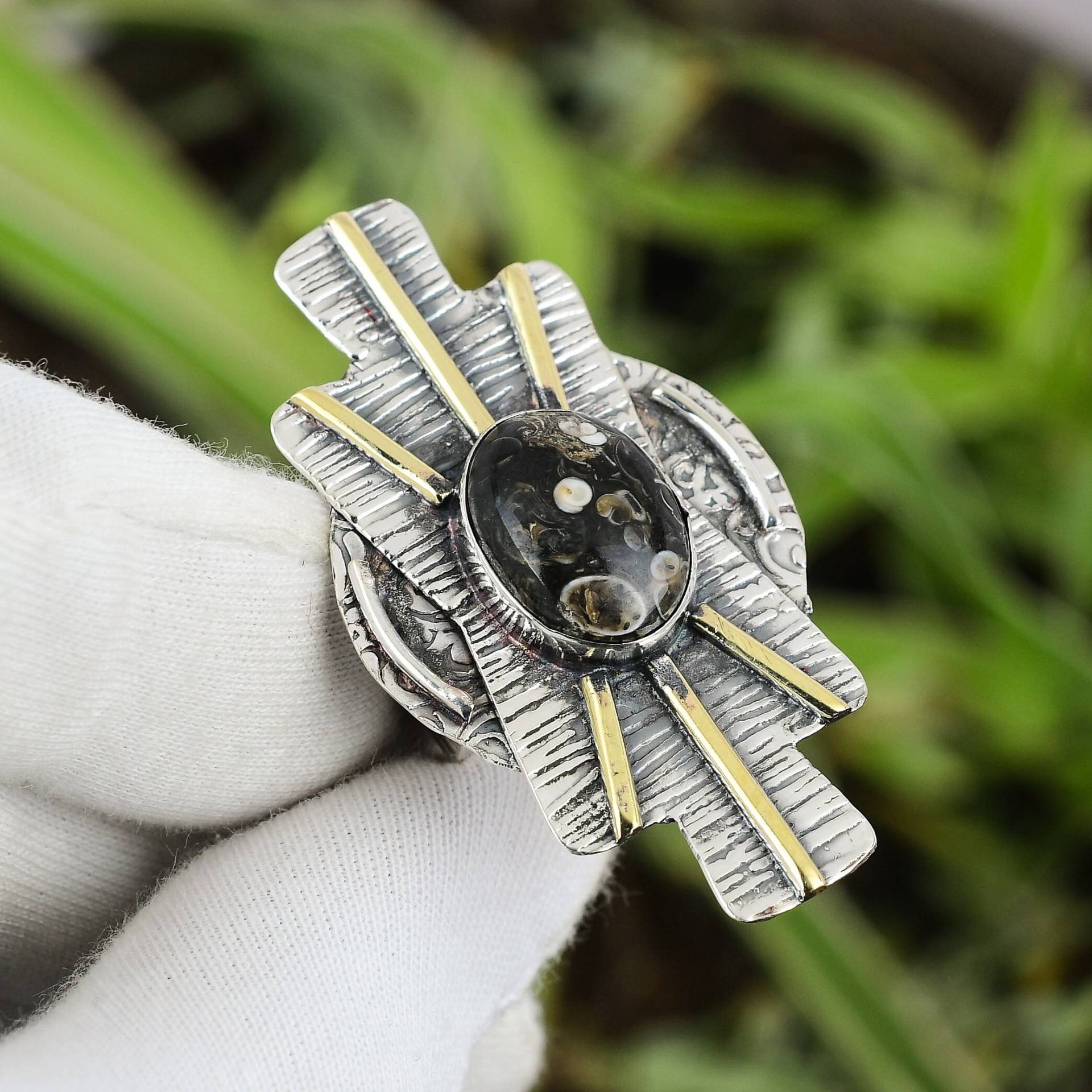 Turritella Achat Ring 925 Sterling Silber Größe 8 18K Vergoldet Handgefertigt Edelstein Ehering Für Sie Versprechen von PayalCreations