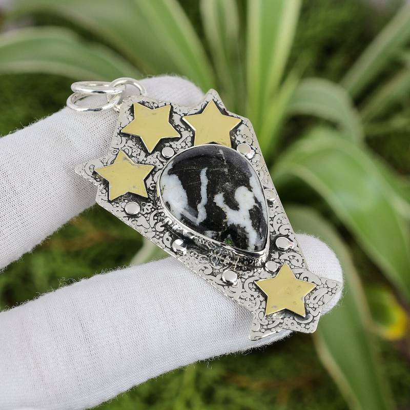 Zebra Jaspis Anhänger 925 Sterling Silber 18K Vergoldet Schmuck Edelstein Handarbeit Designer von PayalCreations