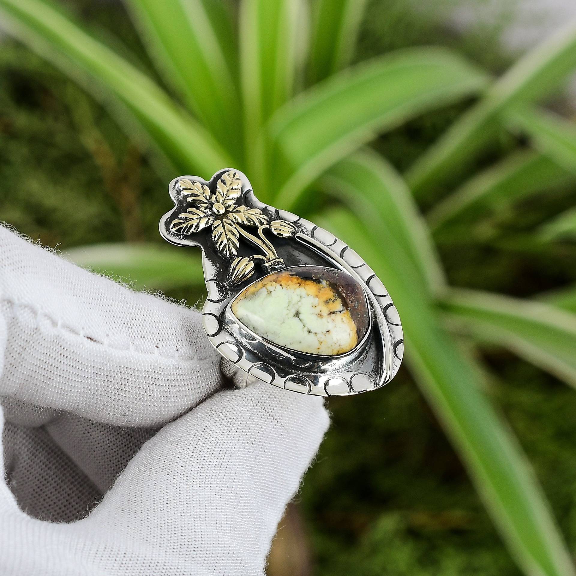 Zitronen Chrysopras Ring 925 Sterling Silber Verstellbar 18K Vergoldet Echt Edelstein Handgemacht Blumen Geschenk Für Sie von PayalCreations