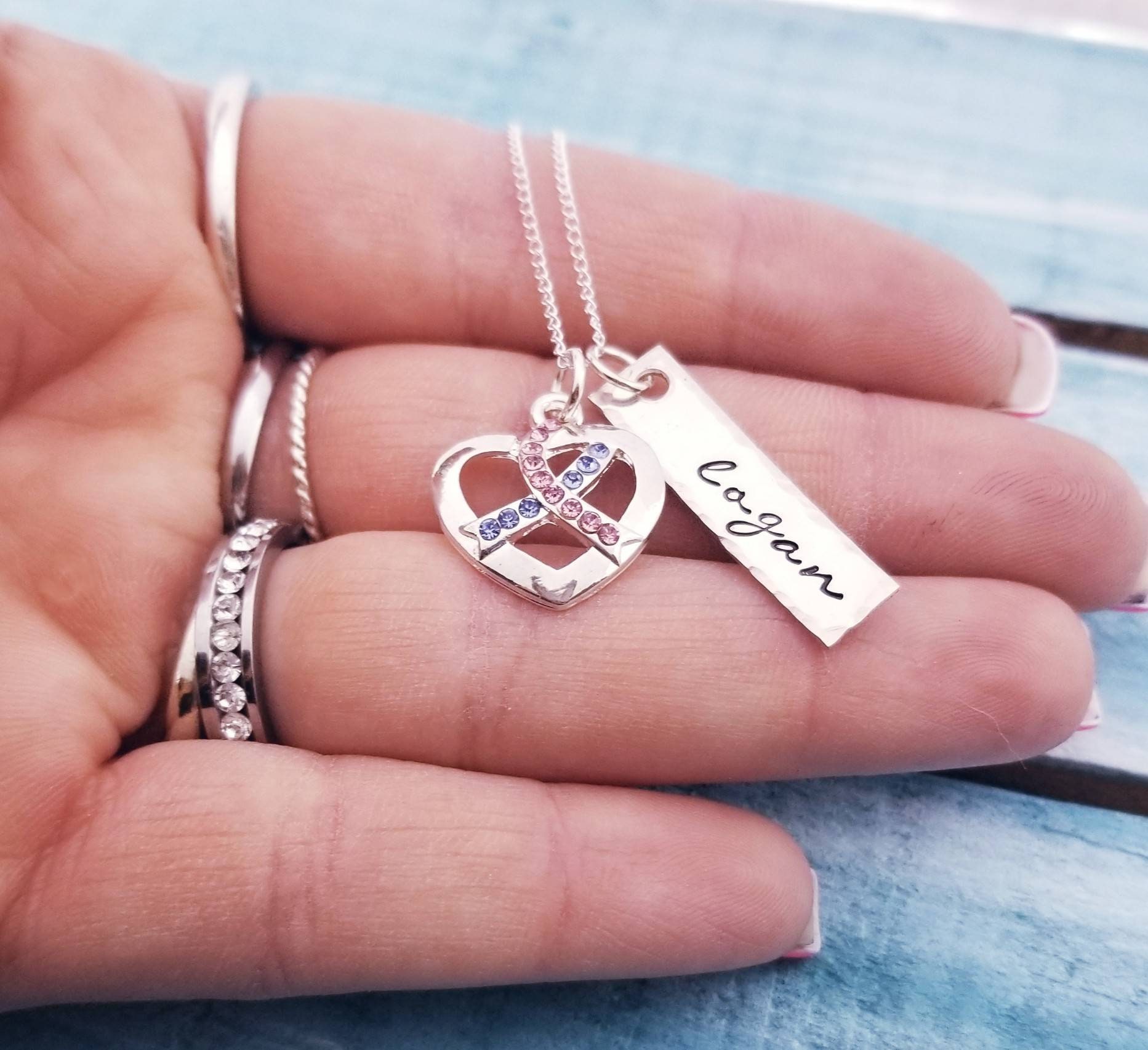 Personalisierte Sterling Silber Miscarriage Halskette Infant Loss Memorial Schmuck Pregnancy Pink & Blue Awareness Ribbon Heart von PaytonLeighTreasures