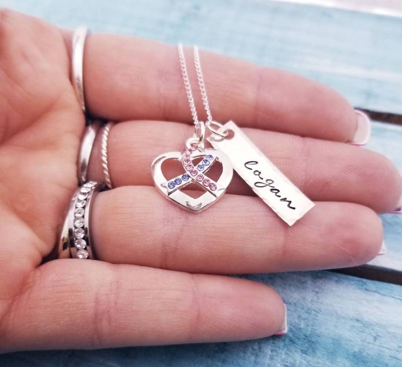 Personalisierte Sterling Silber Miscarriage Halskette Infant Loss Memorial Schmuck Pregnancy Pink & Blue Awareness Ribbon Heart von PaytonLeighTreasures