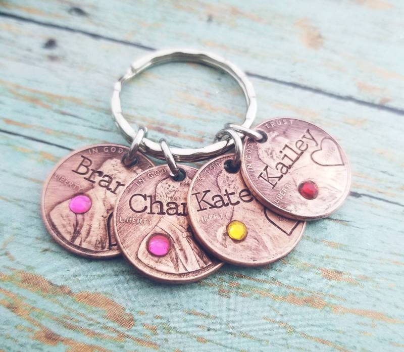 Personalisierter Penny Schlüsselanhänger Handgestempelter Name & Geburtsstein von PaytonLeighTreasures
