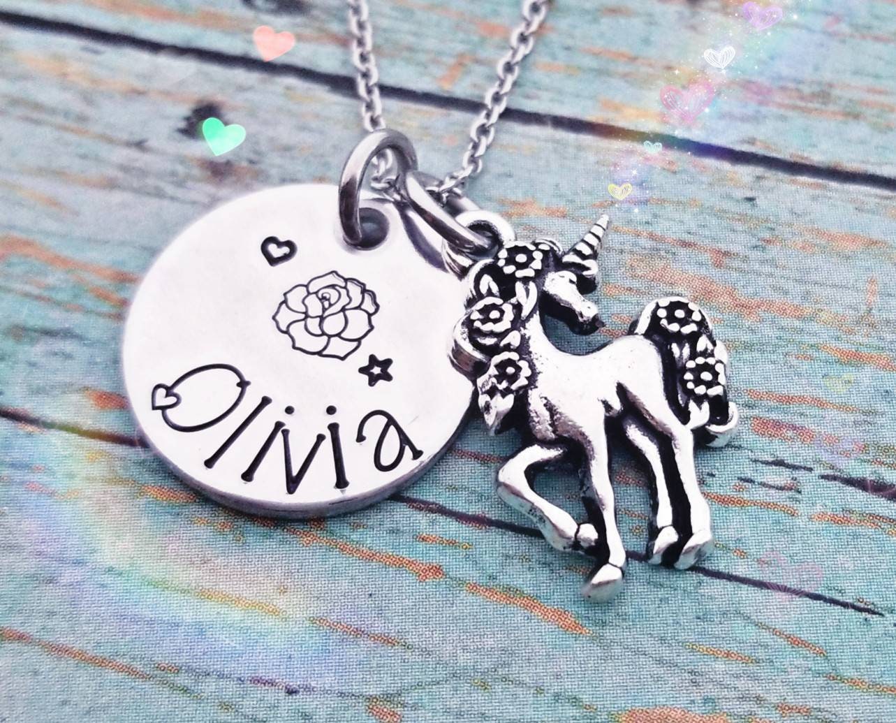 Einhorn Kette Personalisiert Rose Charm, Edelstahl, Geburtstagsgeschenk von PaytonLeighTreasures