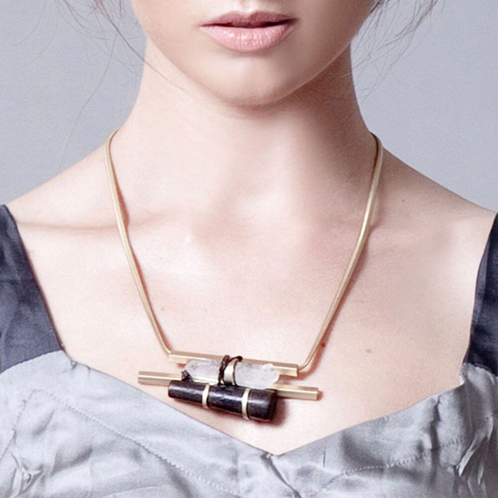 Gold Quarz Holz Anhänger Halskette Boho Horizon Schmuck von PazitKeidarDesign