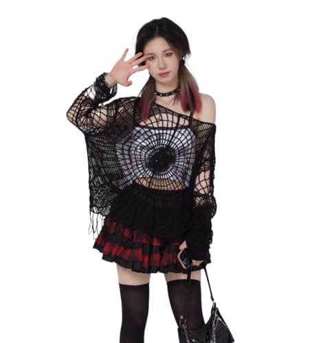 Pbkabiug Fairy Grunge Kleidung Y2k Kleidung Y2k Spinnennetz Hohlloch Design Spice Girl Kapuzenpullover Stricktop Pullover Damen, Schwarz ohne Hut, Small von Pbkabiug