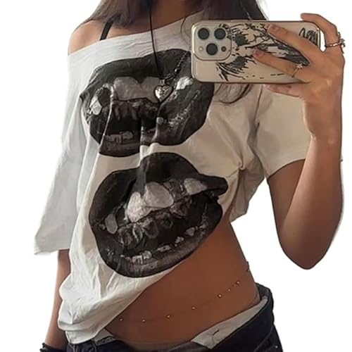 Punk Y2K Baby Kurzarm Oberteil Gothic Street T-Shirt Damen Freizeit Basic T-Shirt Damen Schulterfrei Crop Top, Weiss/opulenter Garten, Klein von Pbkabiug