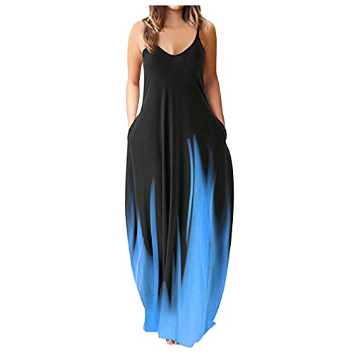 PcLeam Damen Kleider Übergröße Ohne Arm Tie Dye Farbverlauf große größen Mit Rüschen V-Ausschnitt Sommer Kleider Elegant Sleeveless Beach Dress Maxi Kleid(Blau,4XL) von PcLeam
