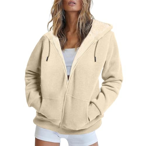 PcLeam Fleecejacke Damen Vintage Reißverschluss Sweatjacke Lockere Kapuzenjacke Bequem Winterjacke Warme Plüschjacke Flauschige Klassisch Jacket Zipper Vliesjacke Outdoorjacke mit Taschen(Beige,L) von PcLeam