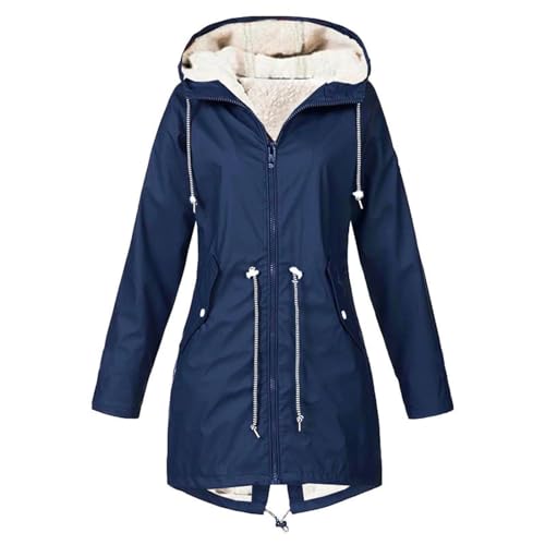 PcLeam Sportjacke Damen Wasserdicht Regenmantel Windbreaker Leichte Wanderjacke Hooded Outdoorjacke Lockere Lange Windjacke Wasserdichte Reißverschluss Übergangsjacke Fahrradjacke(Marine,XXL) von PcLeam