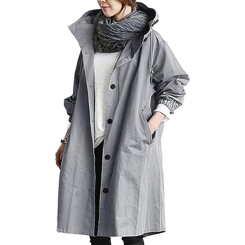 PcLeam Trenchcoat Damen Große Größen Lange Mantel Leicht Kapuzenjacke Lässige Wintermantel Klassische Einfarbig Übergangsmantel Winddichter Übergangsjacke mit Kapuze(A Grey,L) von PcLeam