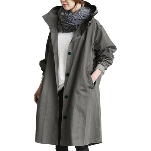 PcLeam Trenchcoat Damen Große Größen Lange Mantel Leicht Kapuzenjacke Lässige Wintermantel Klassische Einfarbig Übergangsmantel Winddichter Übergangsjacke mit Kapuze(B Dunkelgrau,L) von PcLeam