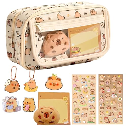 Capybara Federmäppchen 10 Stück,Federmäppchen,Mehrlagig und Großes Fassungsvermögen Mäppchen mit Puppen Schlüsselanhänger Broschen Aufklebern,Abnehmbarer 2-in-1-Reißverschluss Federmappe von PceGan