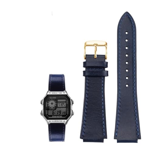 18MM Retro Echtes Leder Konvexen Mund Armband Fit for Casio AE1200 AE1300 A158W/A168 W-216H(Blue-gold) von PctkeLsend