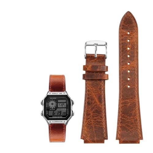 18MM Retro Echtes Leder Konvexen Mund Armband Fit for Casio AE1200 AE1300 A158W/A168 W-216H(Brown-silver) von PctkeLsend