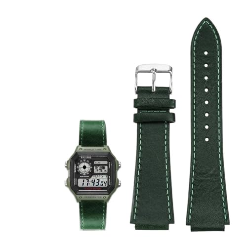 18MM Retro Echtes Leder Konvexen Mund Armband Fit for Casio AE1200 AE1300 A158W/A168 W-216H(Green-silver) von PctkeLsend