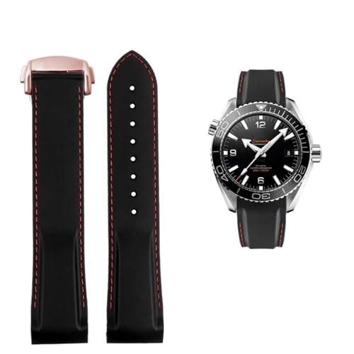 20 mm 22 mm Silikon-Gewölbtes wasserdichtes Armband Passend for Omega Planet Ocean 600 AT150/007 Passend for Seamaster 300(Black Red Rose Gold,22mmx20mm(buckle)) von PctkeLsend