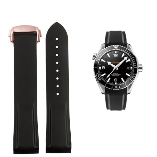 20 mm 22 mm Silikon-Gewölbtes wasserdichtes Armband Passend for Omega Planet Ocean 600 AT150/007 Passend for Seamaster 300(Black-Rose Gold,20mmx18mm(buckle)) von PctkeLsend