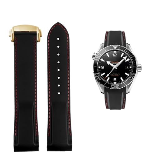20 mm 22 mm Silikon-Gewölbtes wasserdichtes Armband Passend for Omega Planet Ocean 600 AT150/007 Passend for Seamaster 300(Black red Gold,20mmx18mm(buckle)) von PctkeLsend