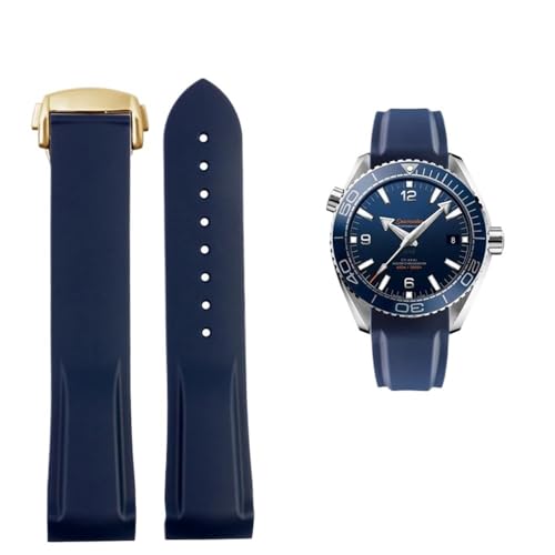 20 mm 22 mm Silikon-Gewölbtes wasserdichtes Armband Passend for Omega Planet Ocean 600 AT150/007 Passend for Seamaster 300(Blue-Gold,20mmx18mm(buckle)) von PctkeLsend